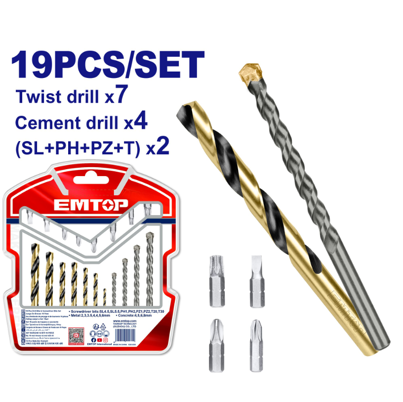 Set 19 copë spiralë trapan + maja kaçavide EMTOP (për dru/metal/beton)